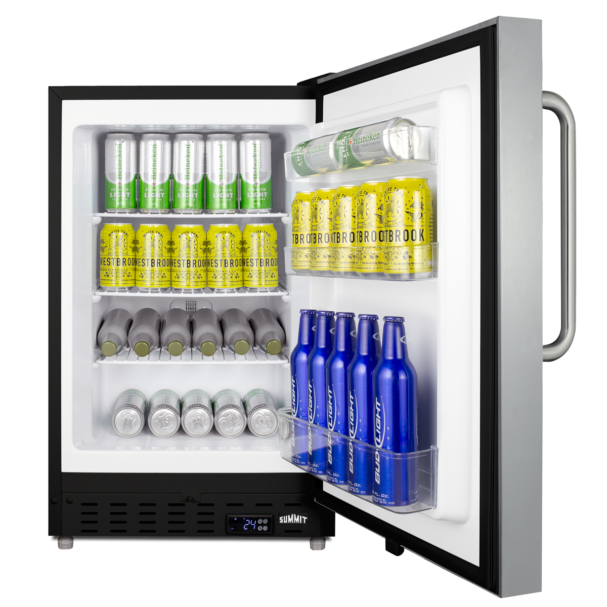 COLD CAVERN beer froster, Summit's built-in undercounter ADA compliant freezer that stores aluminum bottled beer at 24 F; manual defrost operation with SS door, towel bar handle, and black cabinet finish